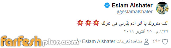 الفنانون يهنئون تامر حسني وزوجته بسمة بوسيل بمولودهما الجديد آدم صورة رقم 6 الفنانون يهنئون تامر حسني وزوجته بسمة بوسيل بمولودهما الجديد آدم صورة رقم 6