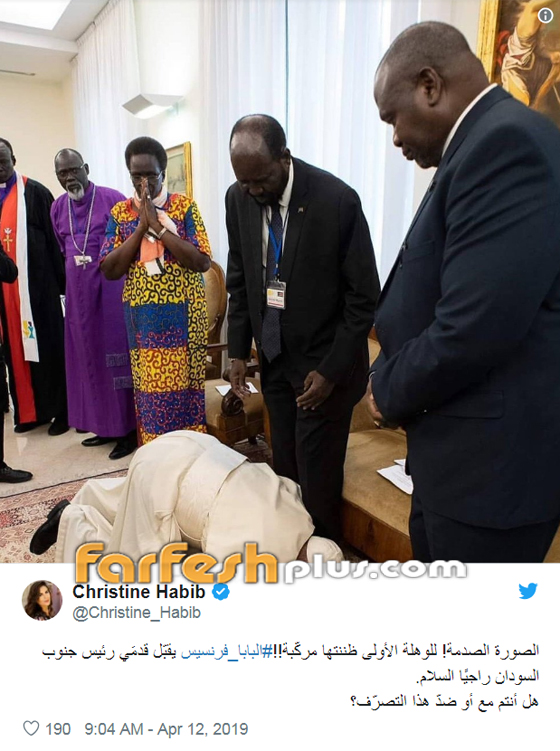ماذا قالت اليسا عن صورة البابا الصادمة وهو يقبّل أرجل زعماء السودان؟ صورة رقم 3 ماذا قالت اليسا عن صورة البابا الصادمة وهو يقبّل أرجل زعماء السودان؟ صورة رقم 3