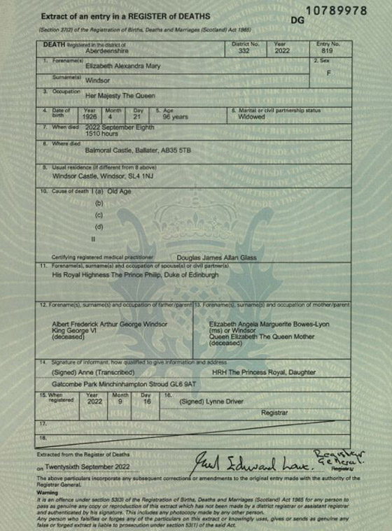 الكشف عن شهادة وفاة الملكة إليزابيث الثانية.. مفاجأة بتاريخ موتها صورة رقم 1