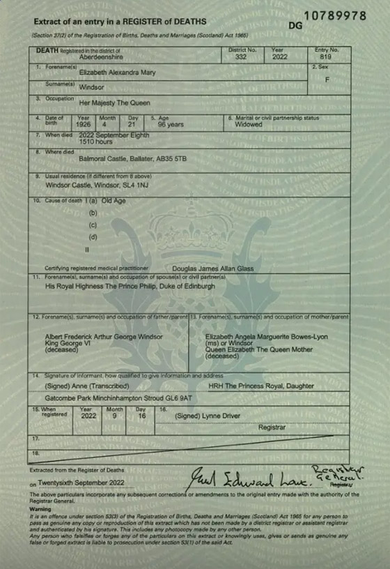 الكشف عن شهادة وفاة الملكة إليزابيث الثانية.. مفاجأة بتاريخ موتها صورة رقم 4