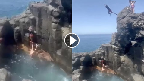 فيديو وصور: أخطأ بتقديره وقفز لمياه البحر من علو شاهق فاصطدم بالصخور!